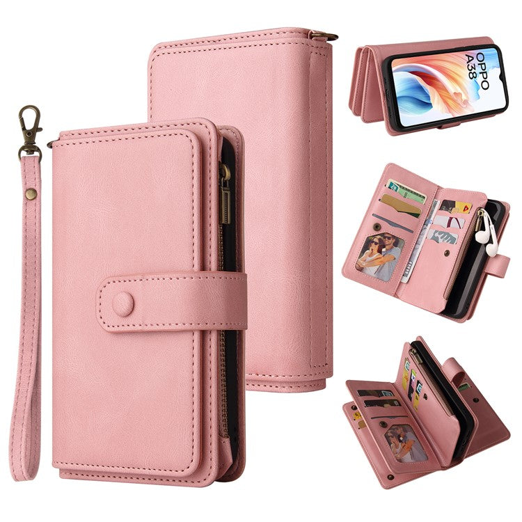 KT Multi-Functional Series-2 For Oppo A38 4G Case Multiple Card Slots Zipper Leather Phone Cover - Pink