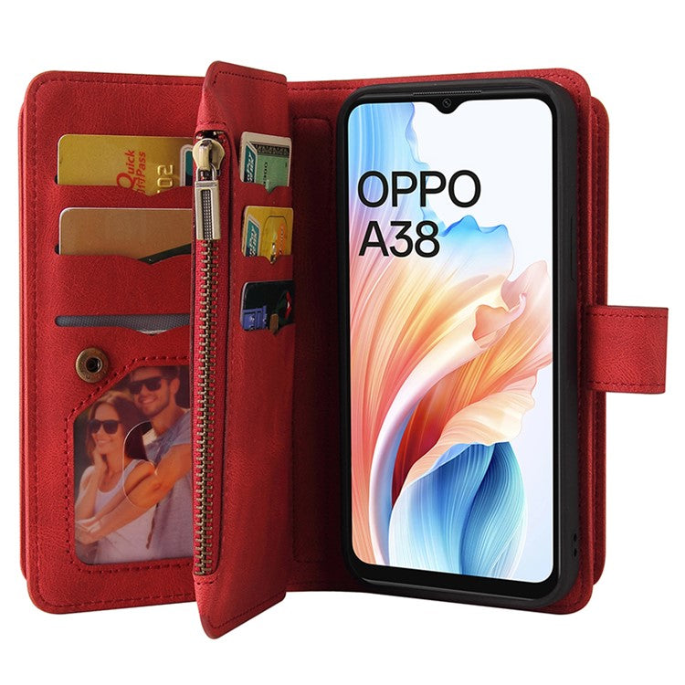 KT Multi-Functional Series-2 For Oppo A38 4G Case Multiple Card Slots Zipper Leather Phone Cover - Red