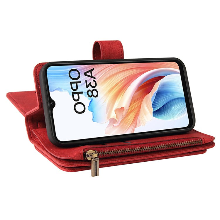 KT Multi-Functional Series-2 For Oppo A38 4G Case Multiple Card Slots Zipper Leather Phone Cover - Red