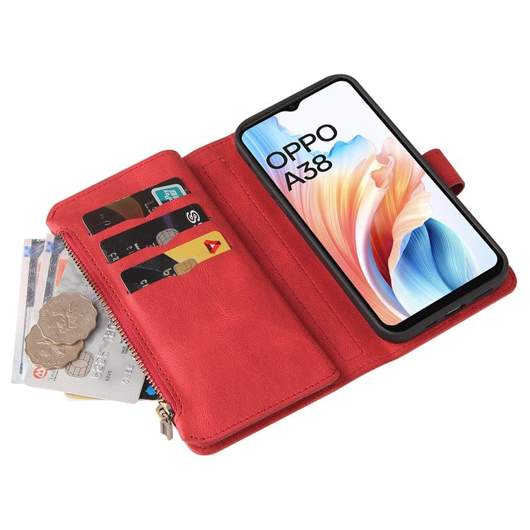 KT Multi-Functional Series-2 For Oppo A38 4G Case Multiple Card Slots Zipper Leather Phone Cover - Red