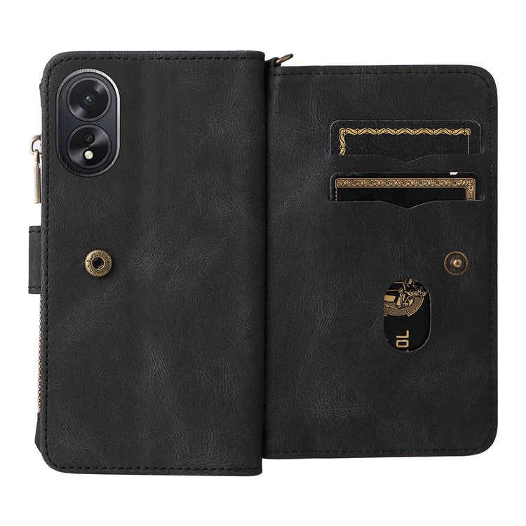 KT Multi-Functional Series-2 For Oppo A38 4G Case Multiple Card Slots Zipper Leather Phone Cover - Black