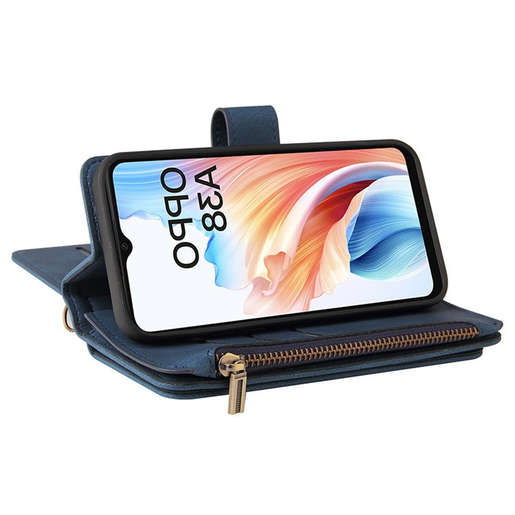 KT Multi-Functional Series-2 For Oppo A38 4G Case Multiple Card Slots Zipper Leather Phone Cover - Blue