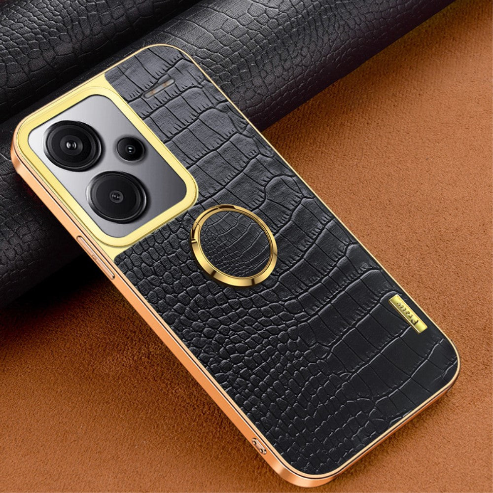 For Xiaomi Redmi Note 13 Pro+ 5G Case Leather+TPU Crocodile Texture Ring Kickstand Phone Back Shell - Black