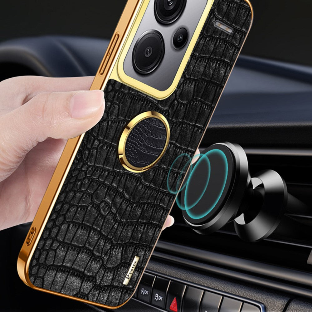 For Xiaomi Redmi Note 13 Pro+ 5G Case Leather+TPU Crocodile Texture Ring Kickstand Phone Back Shell - Black