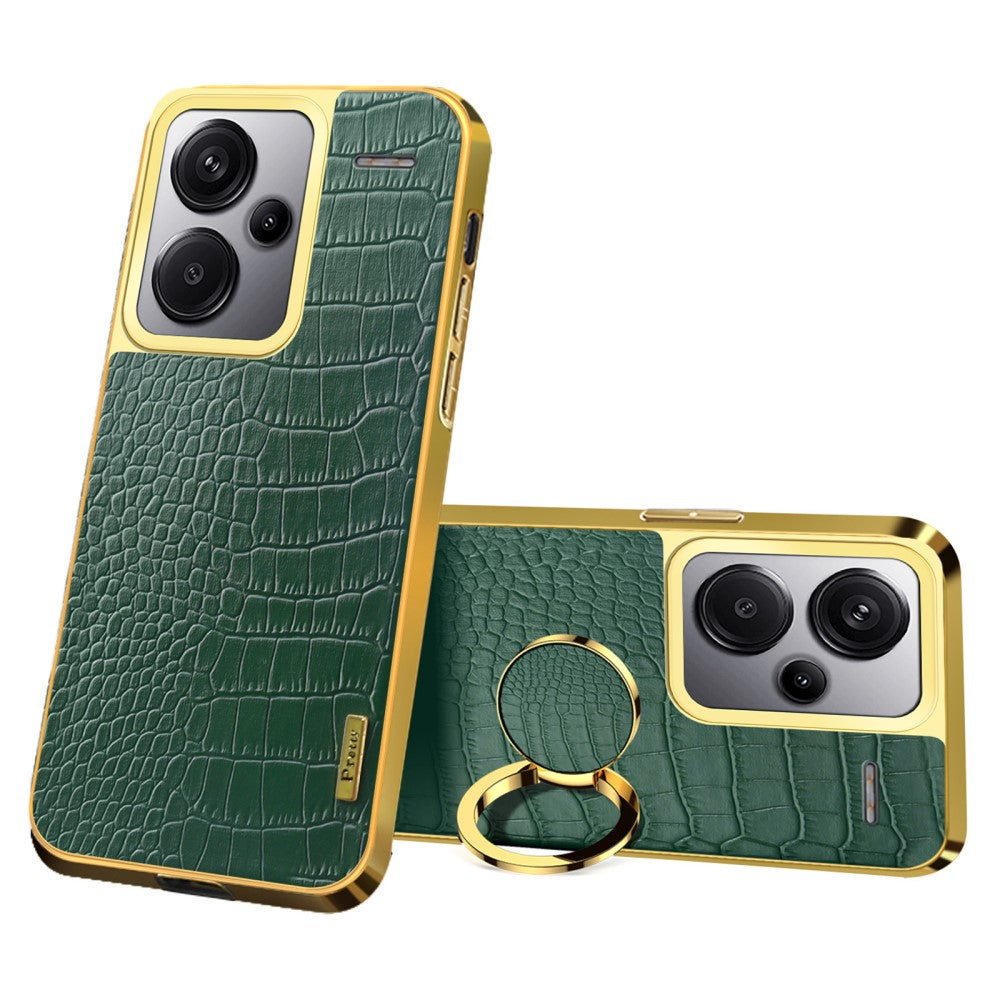 For Xiaomi Redmi Note 13 Pro+ 5G Case Leather+TPU Crocodile Texture Ring Kickstand Phone Back Shell - Green