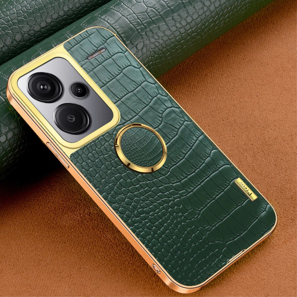 For Xiaomi Redmi Note 13 Pro+ 5G Case Leather+TPU Crocodile Texture Ring Kickstand Phone Back Shell - Green