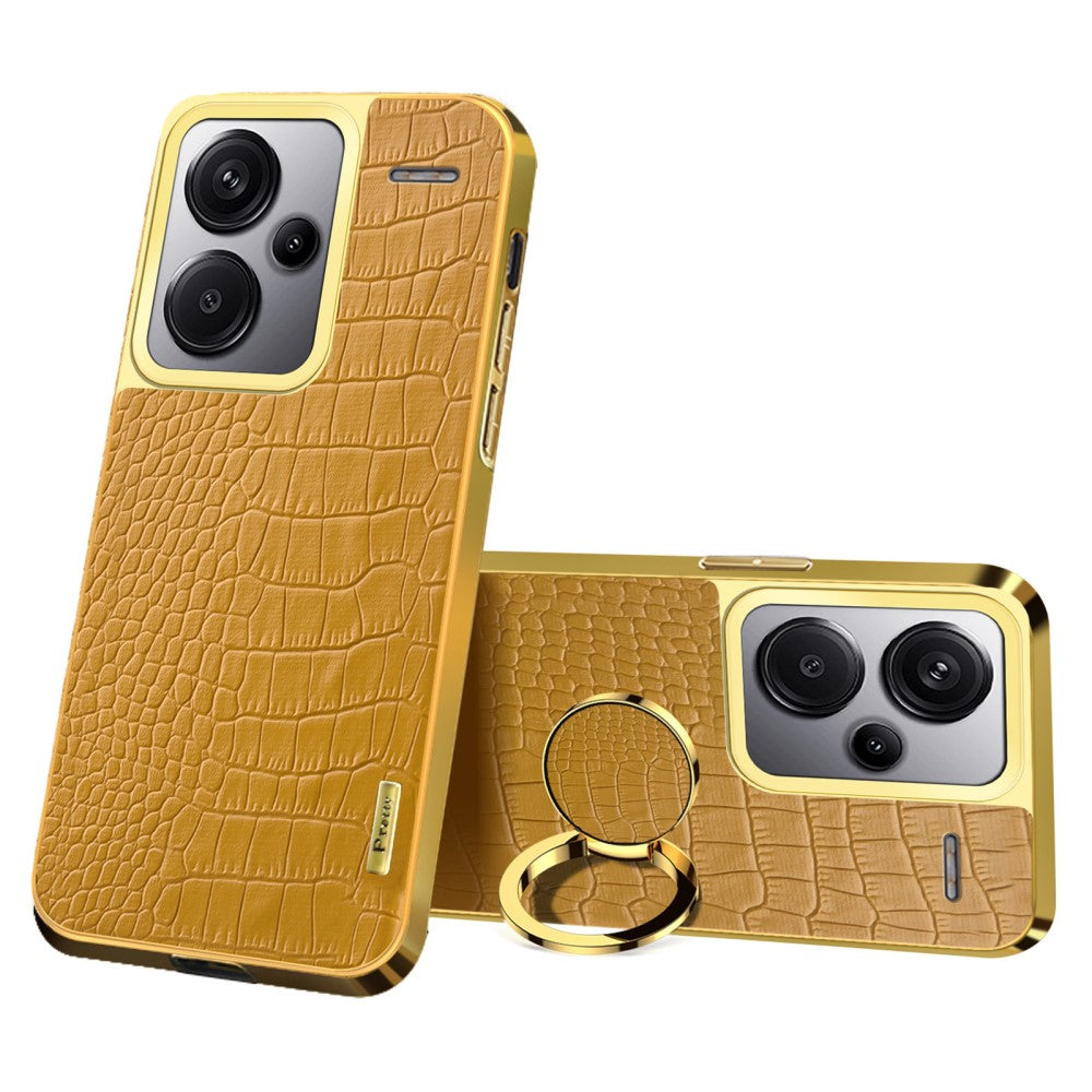 For Xiaomi Redmi Note 13 Pro+ 5G Case Leather+TPU Crocodile Texture Ring Kickstand Phone Back Shell - Yellow