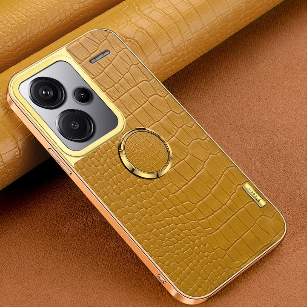 For Xiaomi Redmi Note 13 Pro+ 5G Case Leather+TPU Crocodile Texture Ring Kickstand Phone Back Shell - Yellow