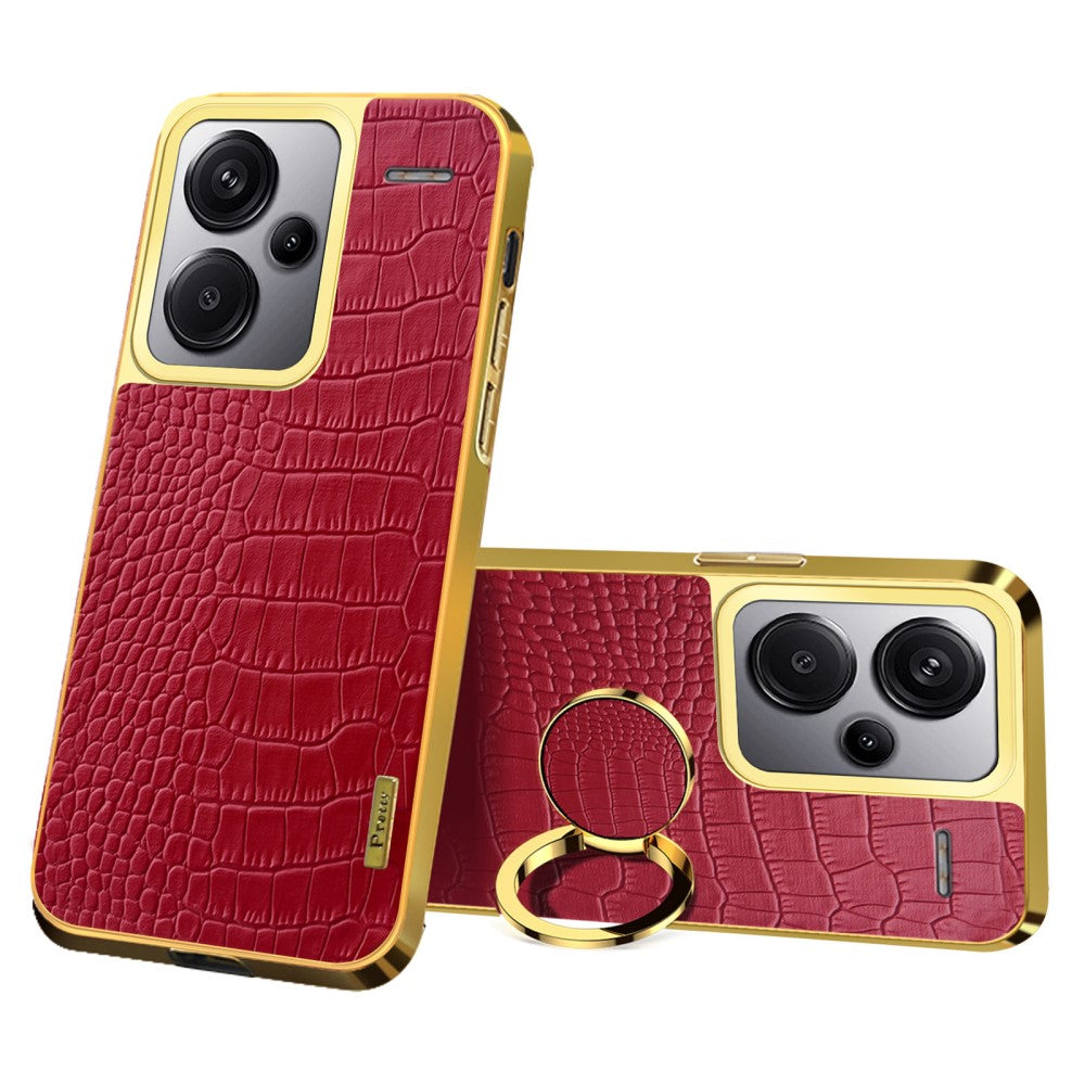 For Xiaomi Redmi Note 13 Pro+ 5G Case Leather+TPU Crocodile Texture Ring Kickstand Phone Back Shell - Red
