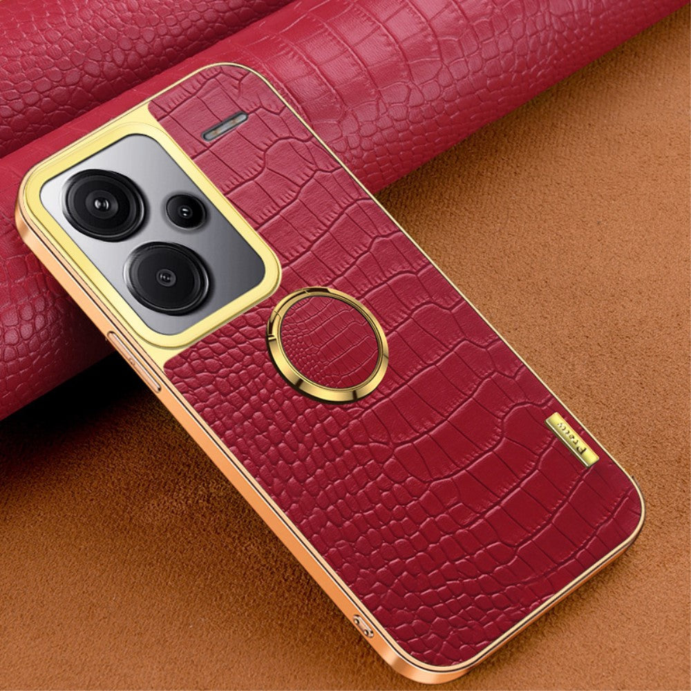For Xiaomi Redmi Note 13 Pro+ 5G Case Leather+TPU Crocodile Texture Ring Kickstand Phone Back Shell - Red