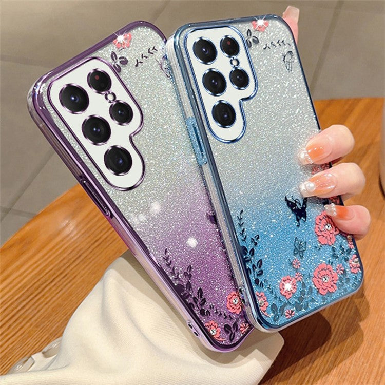 For Samsung Galaxy S23 Ultra Gradient Phone Case Flower Pattern Flexible TPU Cover - Blue