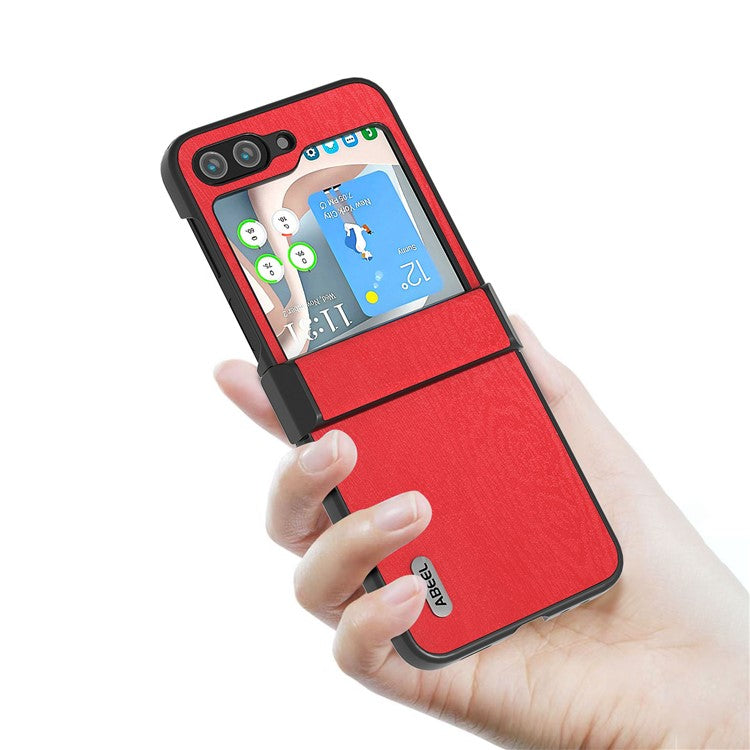 ABEEL For Samsung Galaxy Z Flip5 5G Case Wood Texture Hinge Design Leather+PC Cover - Red