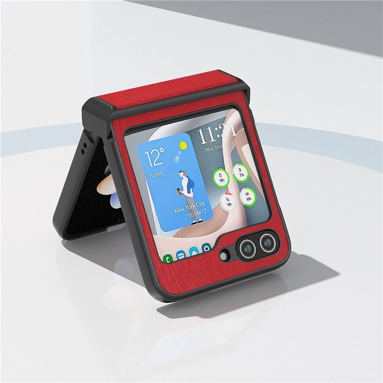 ABEEL For Samsung Galaxy Z Flip5 5G Case Wood Texture Hinge Design Leather+PC Cover - Red