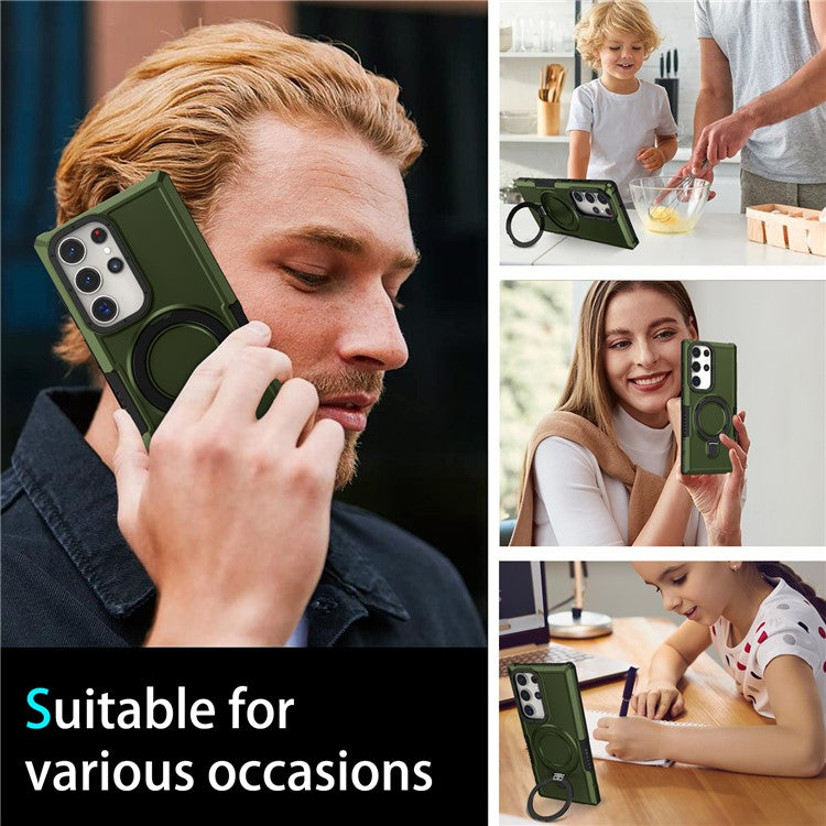 For Samsung Galaxy S23 Ultra Case Magnetic TPU+PC Phone Cover with Ring Kickstand - Blackish Green