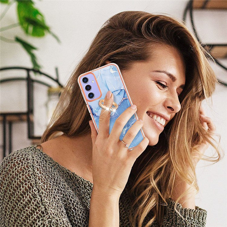 YB IMD Series-17 Style-E For Samsung Galaxy A15 5G Ring Kickstand Cover IMD TPU Cell Phone Case - Blue