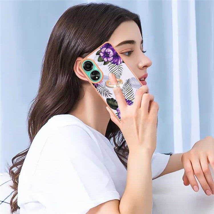 YB IMD Series-6 For Oppo A78 4G Case Marble Pattern Rotary Kickstand Phone TPU Cover - Purple Flowers