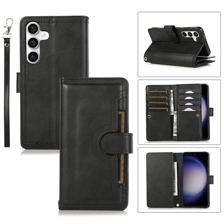 For Samsung Galaxy S24+ Cell Phone Cases Split Leather Stand Wallet Cover with Handy Strap - Black
