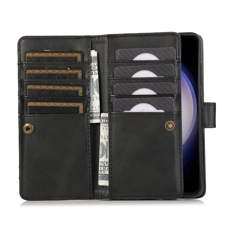 For Samsung Galaxy S24+ Cell Phone Cases Split Leather Stand Wallet Cover with Handy Strap - Black