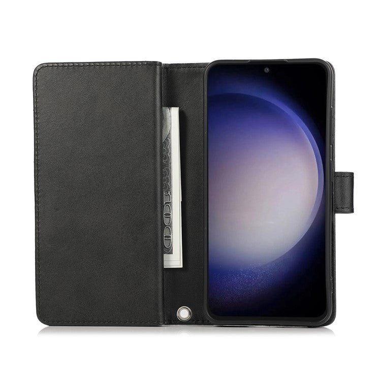 For Samsung Galaxy S24+ Cell Phone Cases Split Leather Stand Wallet Cover with Handy Strap - Black