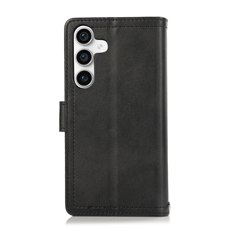For Samsung Galaxy S24+ Cell Phone Cases Split Leather Stand Wallet Cover with Handy Strap - Black