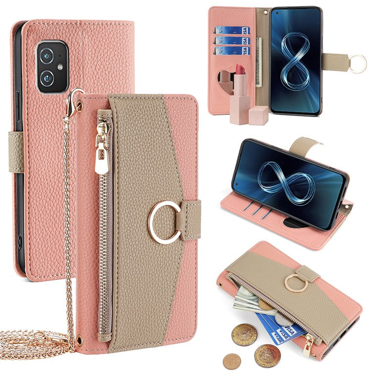 For Asus Zenfone 8 ZS590KS Case Wallet Stand Metal Ring Leather Phone Cover - Pink