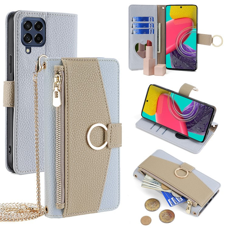 For Samsung Galaxy M53 5G Case Zipper Pocket Crossbody Phone Wallet Cover - Blue