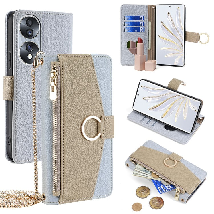 For Honor 70 5G Case PU Leather Zipper Pocket Stand Cover with Shoulder Strap - Blue