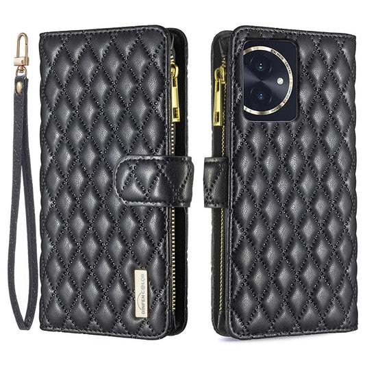 BINFEN COLOR BF Style-15 For Honor 100 5G Cover Leather Wallet Zipper Pocket Cell Phone Case - Black