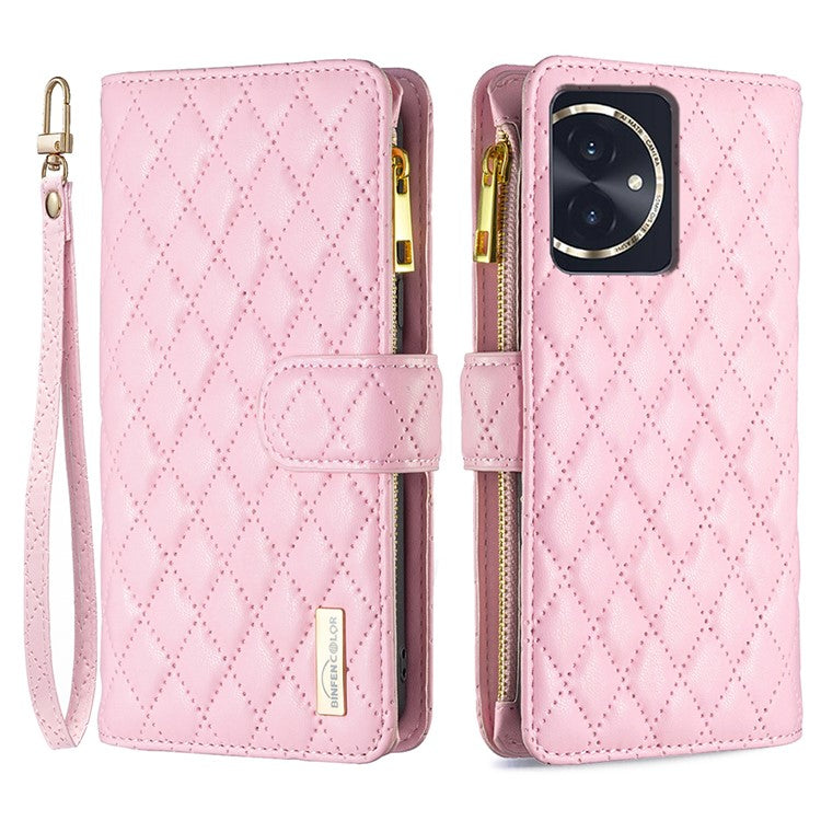 BINFEN COLOR BF Style-15 For Honor 100 5G Cover Leather Wallet Zipper Pocket Cell Phone Case - Pink
