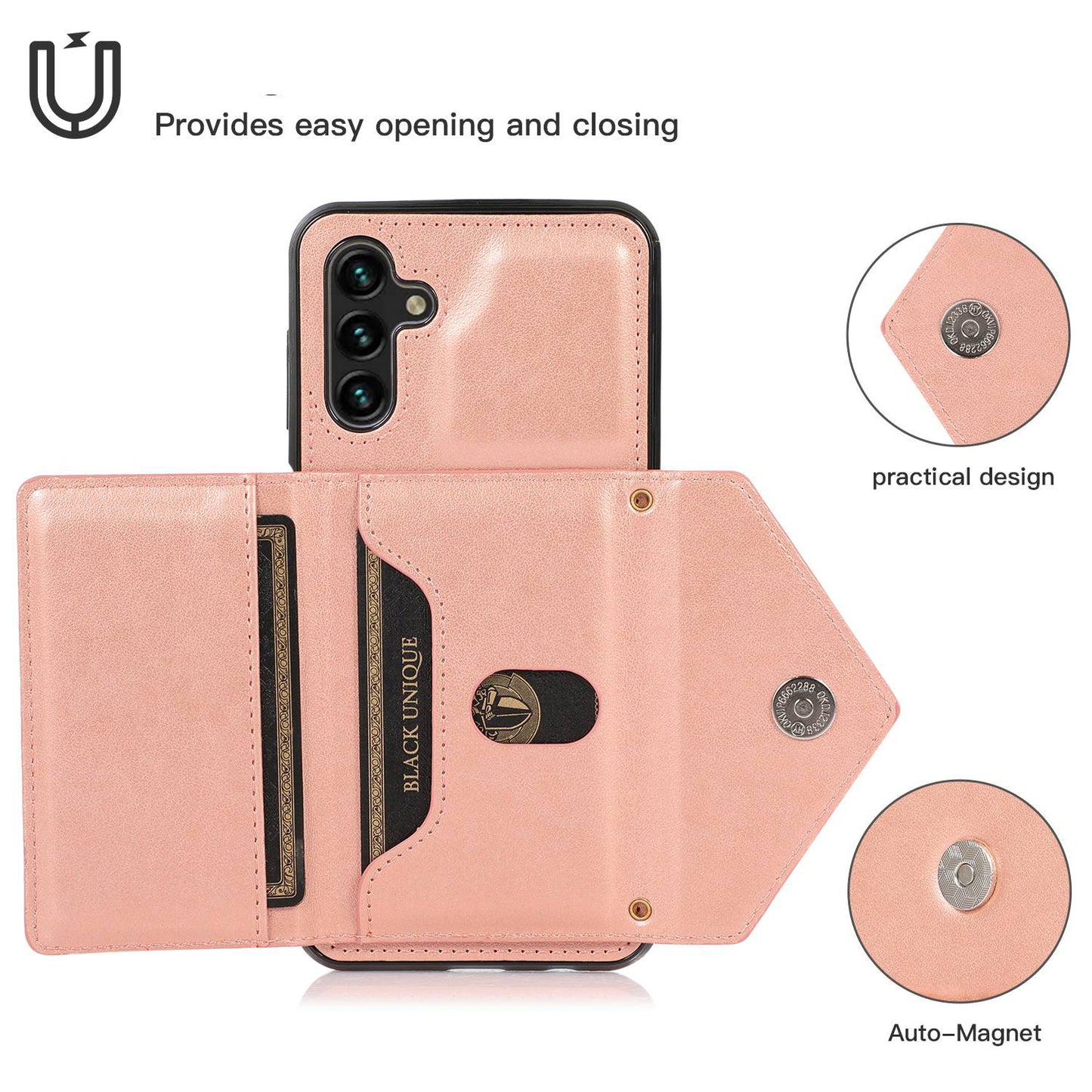 For Samsung Galaxy S24+ Case PU Leather Coated TPU Kickstand Phone Cover with Shoulder Strap - Rose Gold