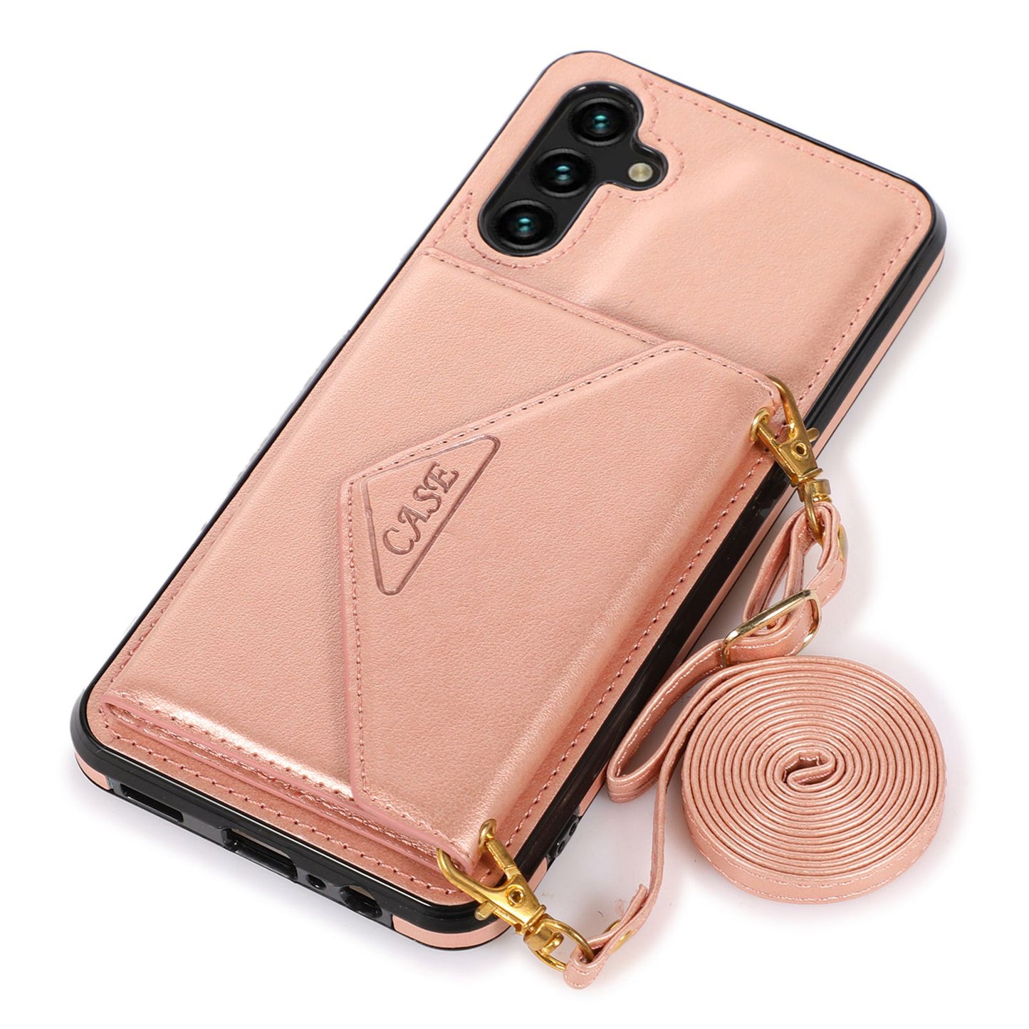 For Samsung Galaxy S24+ Case PU Leather Coated TPU Kickstand Phone Cover with Shoulder Strap - Rose Gold