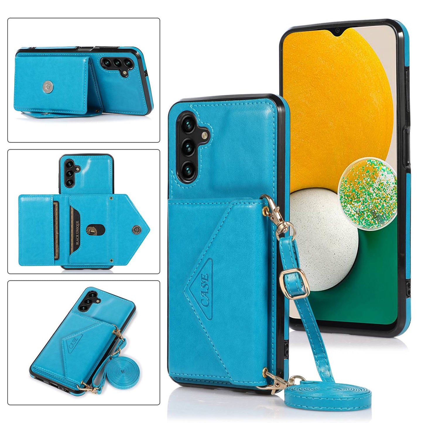 For Samsung Galaxy S24+ Case PU Leather Coated TPU Kickstand Phone Cover with Shoulder Strap - Blue