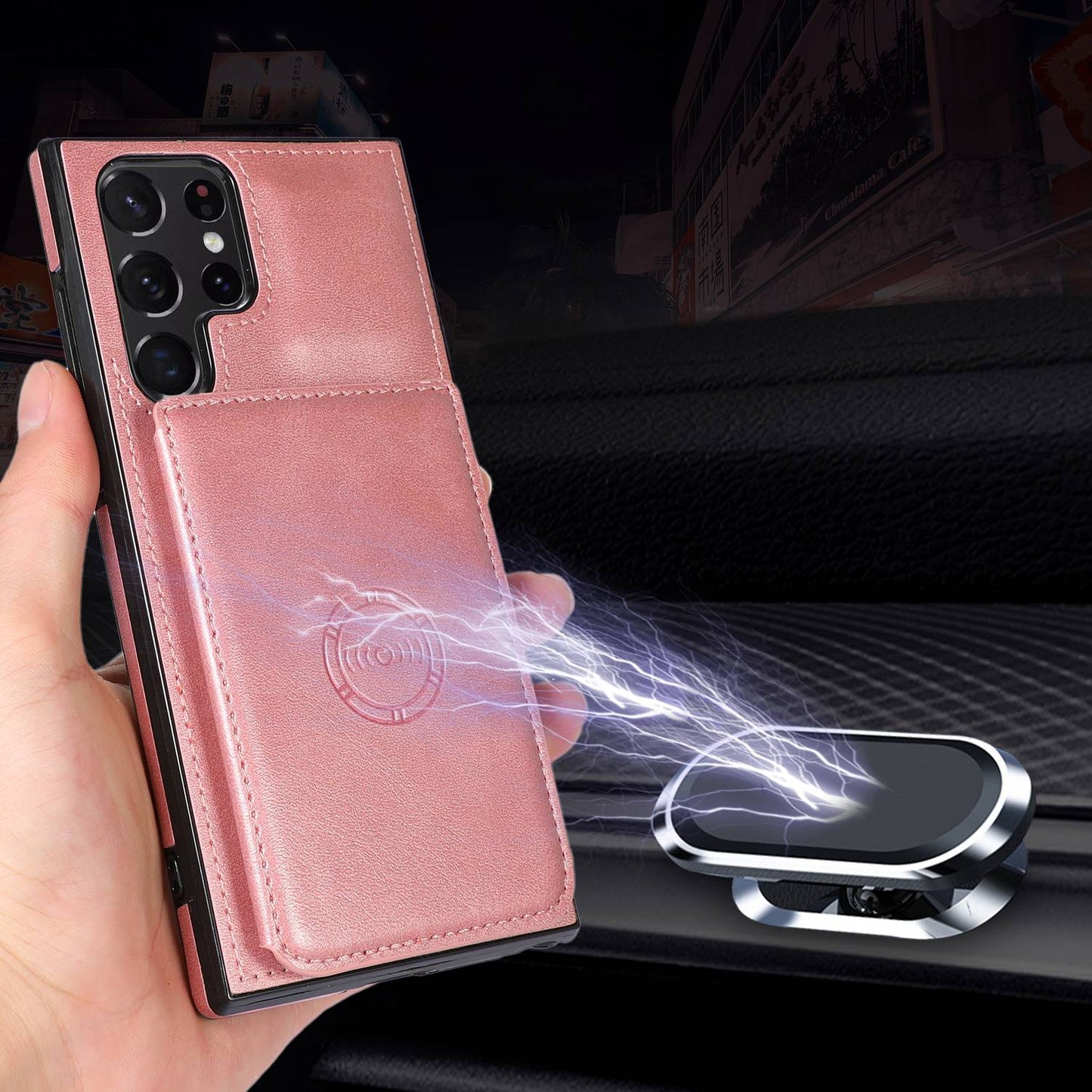 For Samsung Galaxy S24 Ultra Case Card Holder Kickstand PU Leather+TPU Phone Cover - Rose Gold