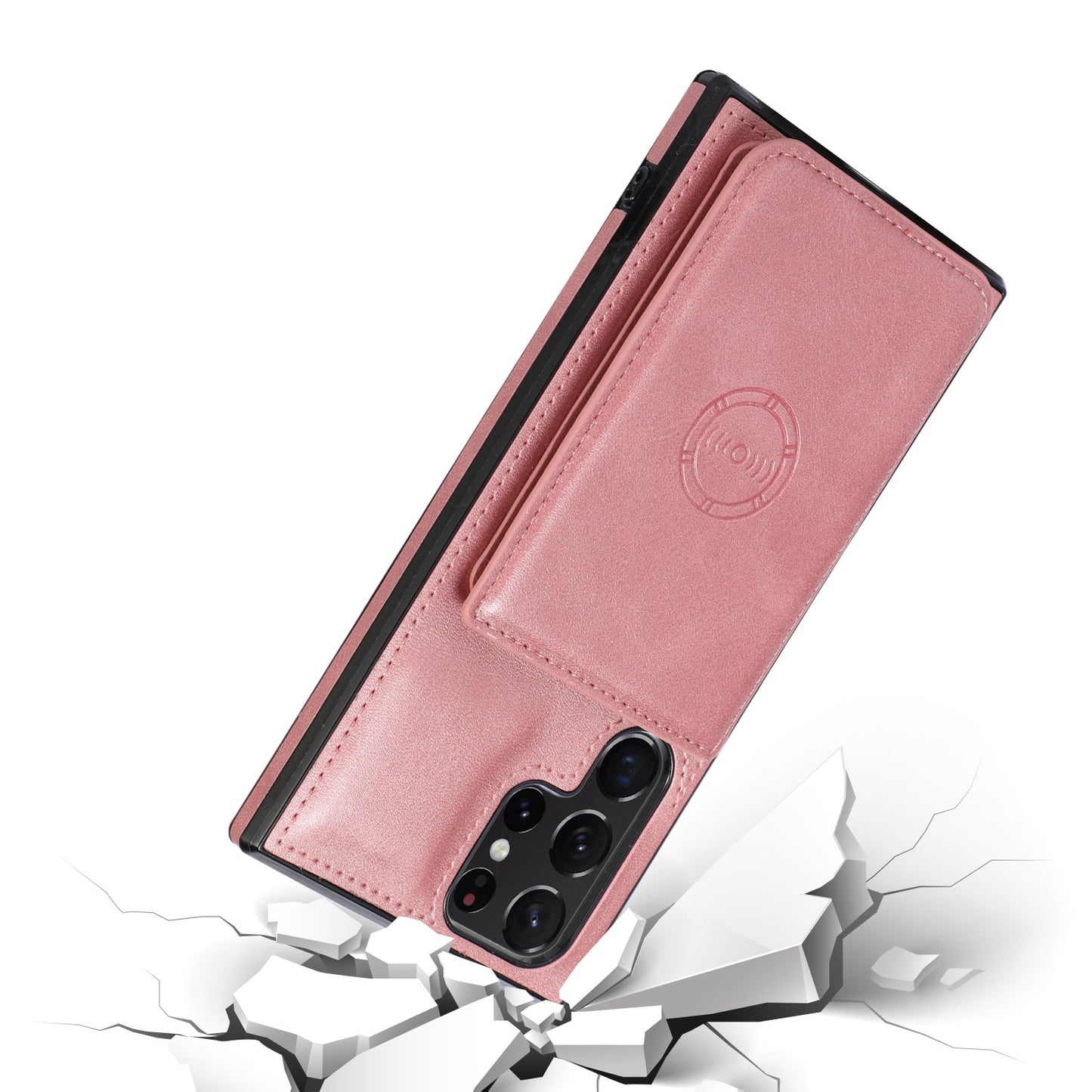 For Samsung Galaxy S24 Ultra Case Card Holder Kickstand PU Leather+TPU Phone Cover - Rose Gold
