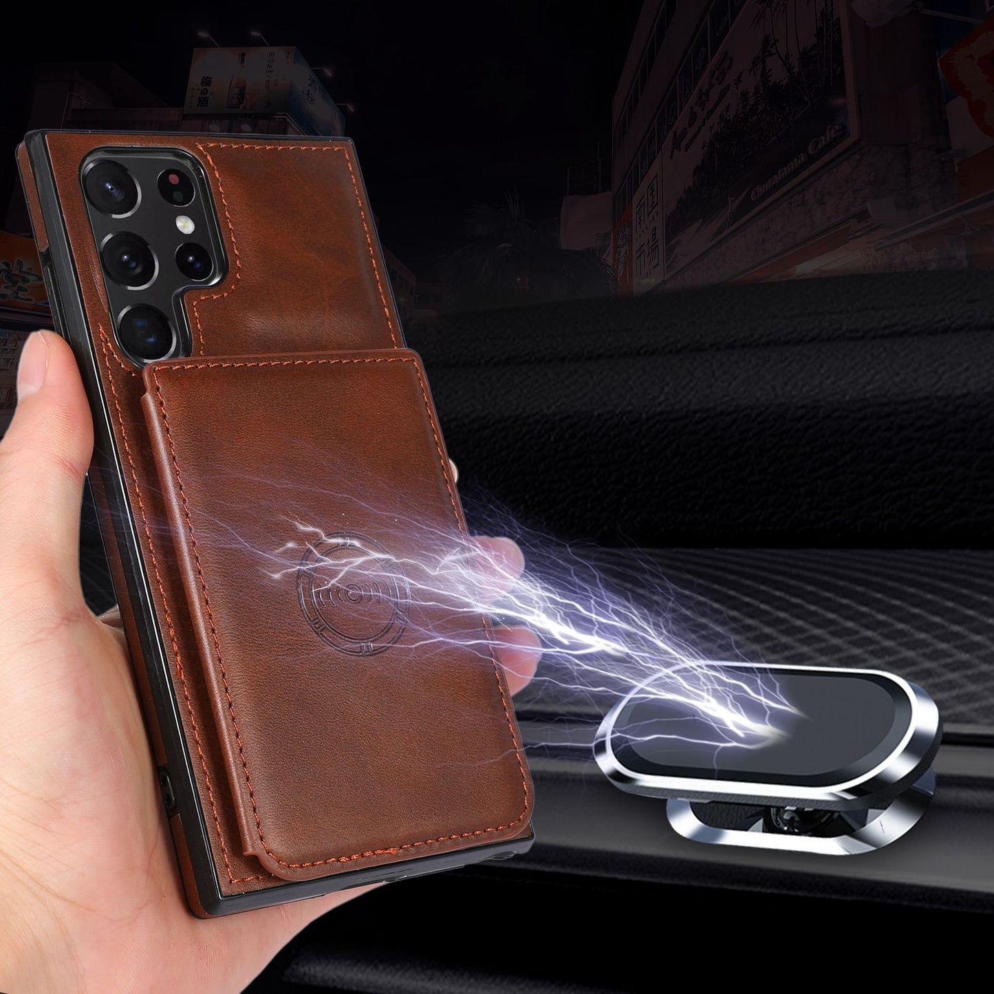 For Samsung Galaxy S24 Ultra Case Card Holder Kickstand PU Leather+TPU Phone Cover - Coffee