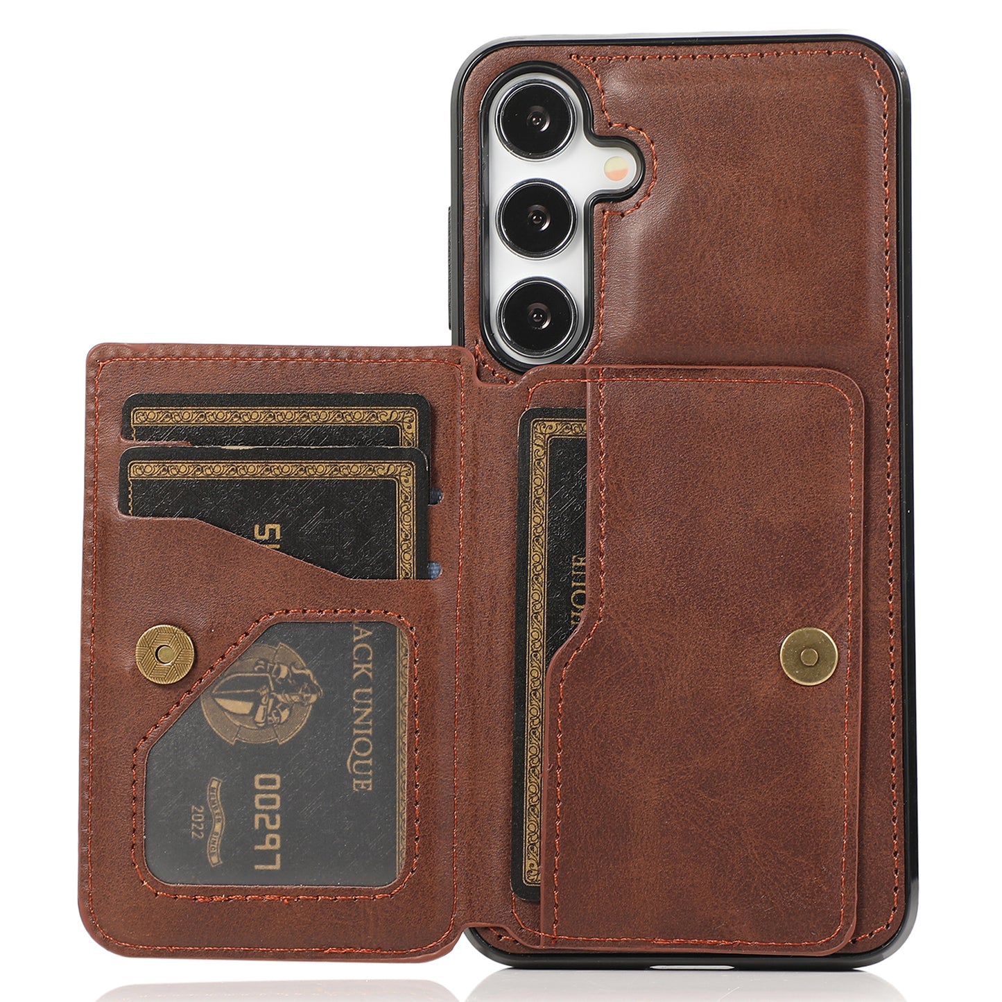For Samsung Galaxy S24+ Cell Phone Case with Card Holder Kickstand PU Leather+TPU Cover - Coffee