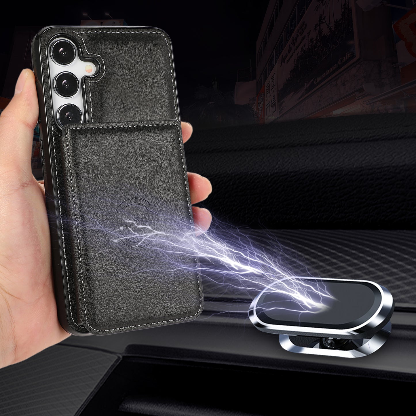 For Samsung Galaxy S24+ Cell Phone Case with Card Holder Kickstand PU Leather+TPU Cover - Black