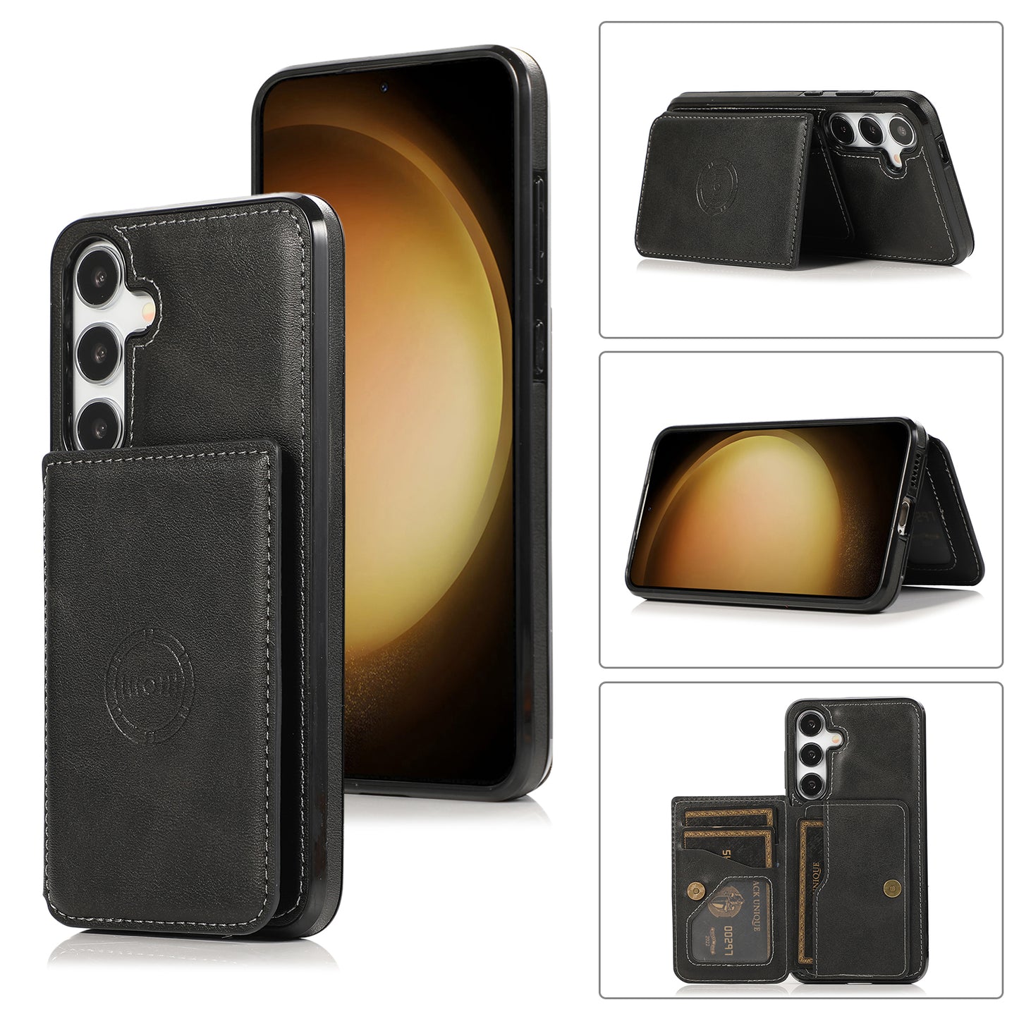 For Samsung Galaxy S24+ Cell Phone Case with Card Holder Kickstand PU Leather+TPU Cover - Black