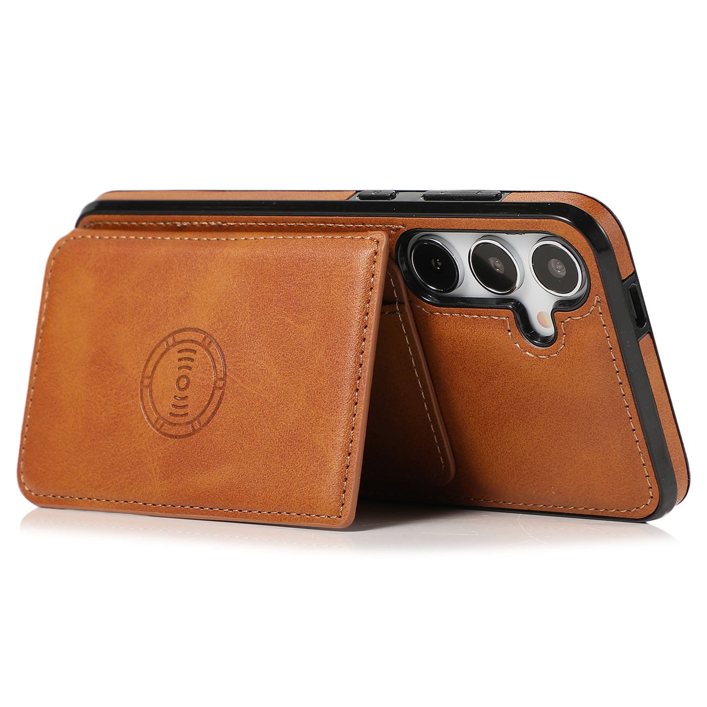For Samsung Galaxy S24 Cell Phone Case with Card Holder PU Leather+TPU Kickstand Cover - Brown