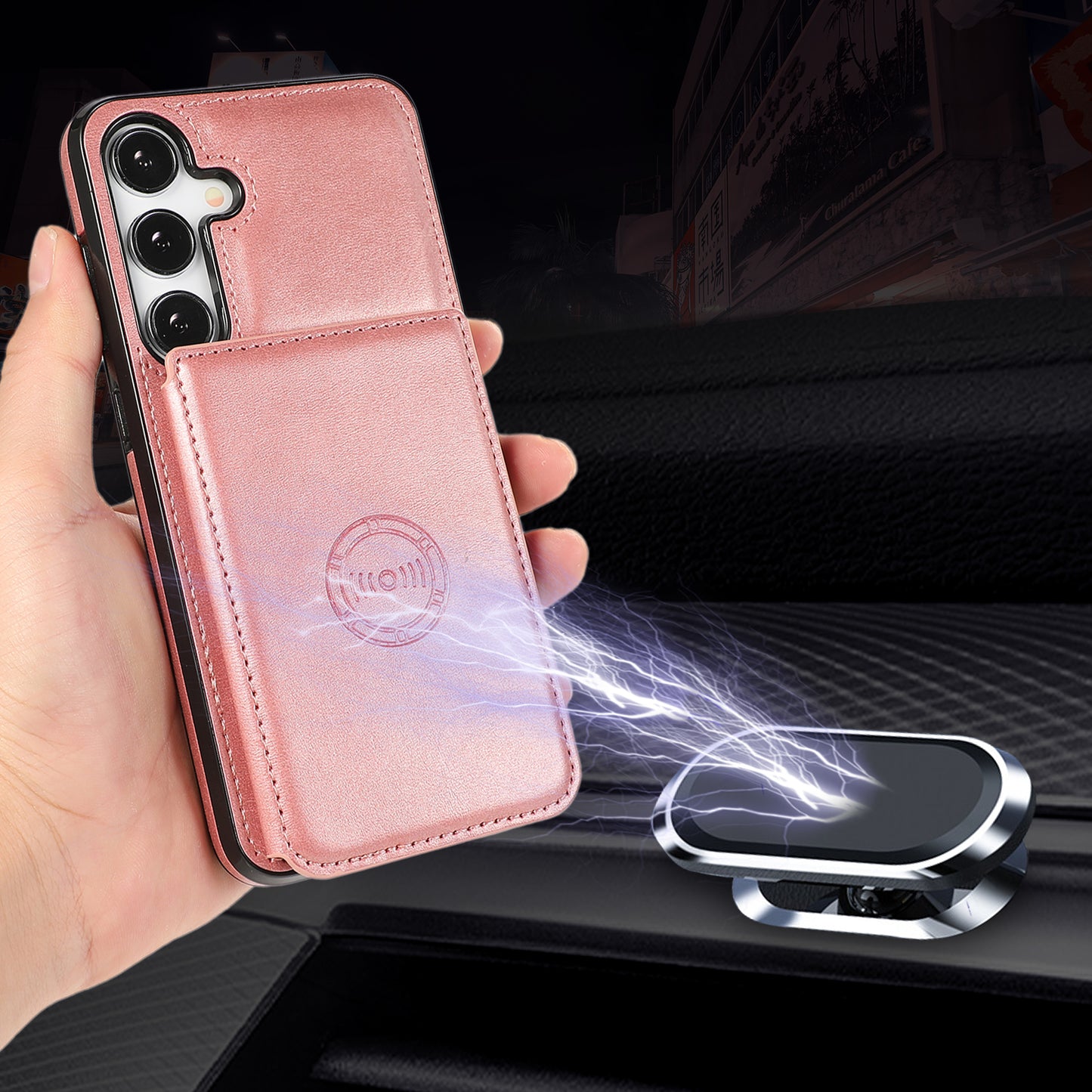 For Samsung Galaxy S24 Cell Phone Case with Card Holder PU Leather+TPU Kickstand Cover - Rose Gold
