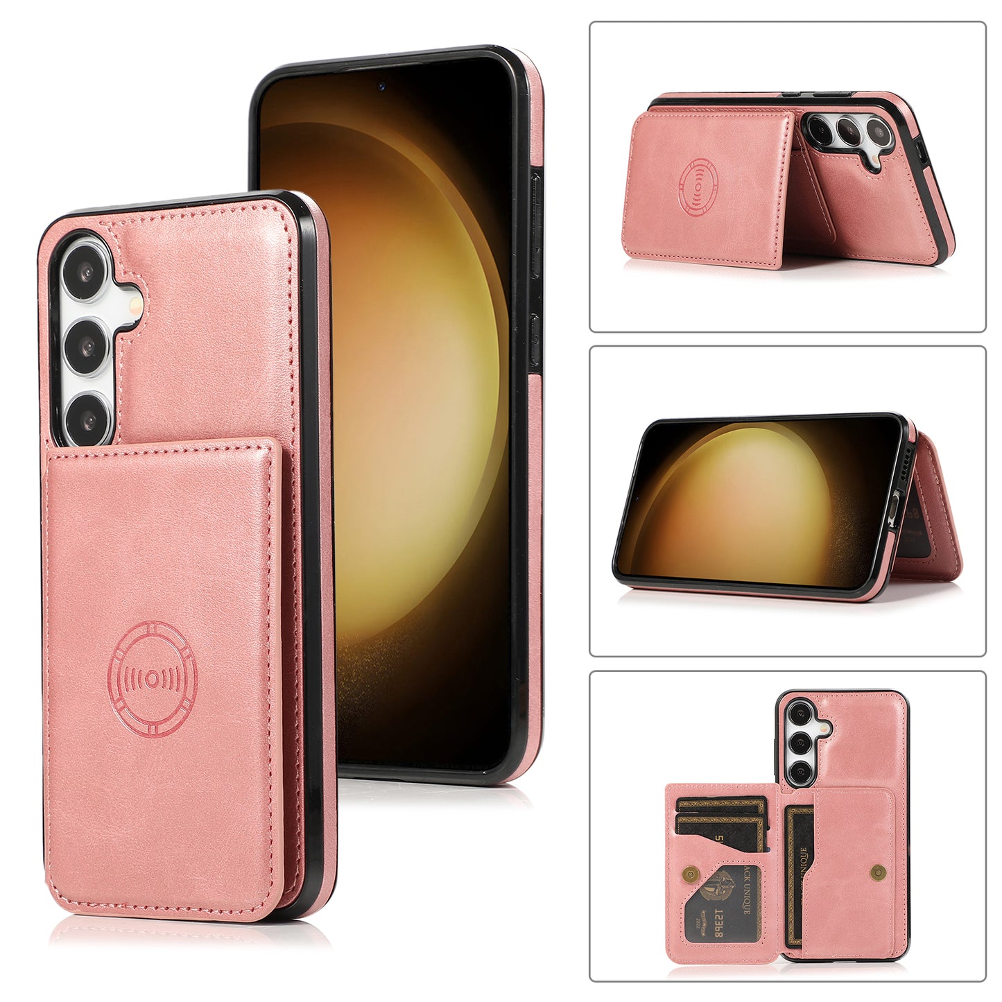 For Samsung Galaxy S24 Cell Phone Case with Card Holder PU Leather+TPU Kickstand Cover - Rose Gold