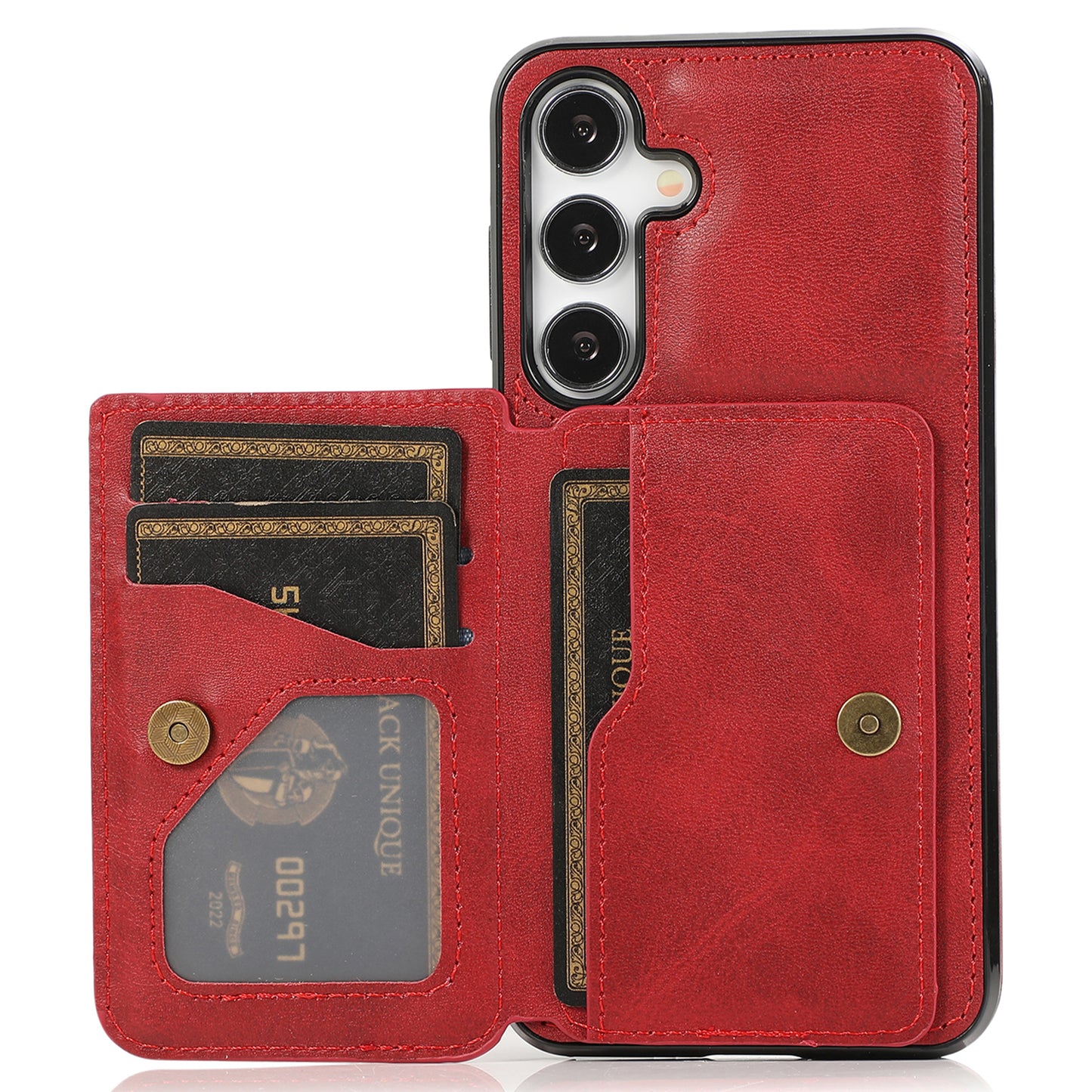 For Samsung Galaxy S24 Cell Phone Case with Card Holder PU Leather+TPU Kickstand Cover - Red