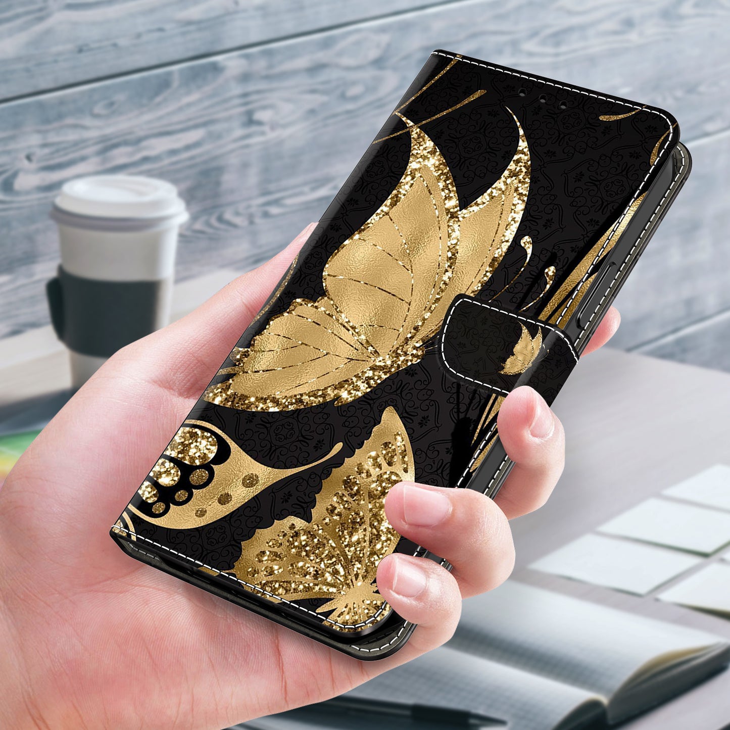 For Samsung Galaxy S24+ Case Shockproof PU Leather 3D Pattern Phone Wallet Cover - Golden Butterfly