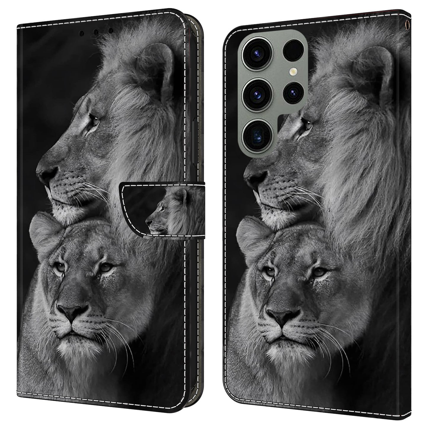 For Samsung Galaxy S24 Ultra Case Anti-fall PU Leather+TPU 3D Pattern Phone Guard Cover - Couple Lions