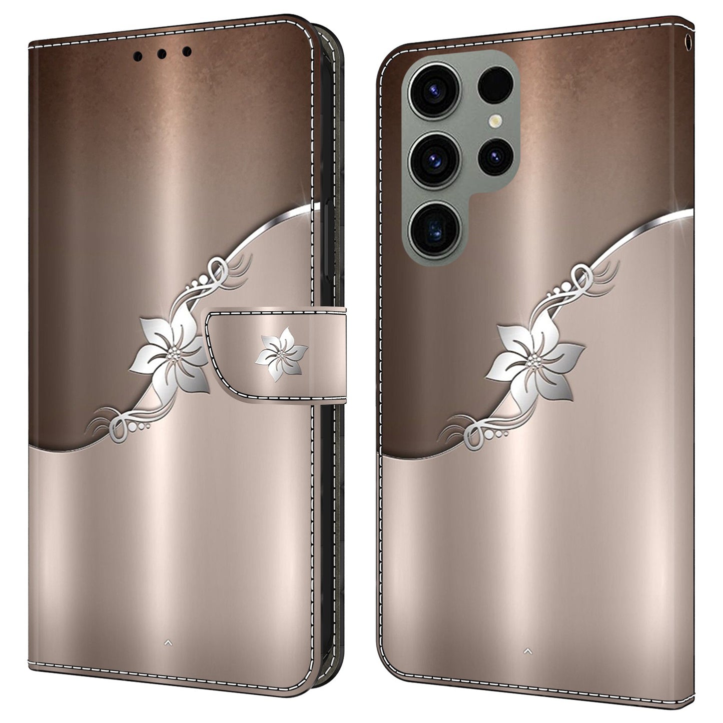 For Samsung Galaxy S24 Ultra Case Anti-fall PU Leather+TPU 3D Pattern Phone Guard Cover - Silver Flower