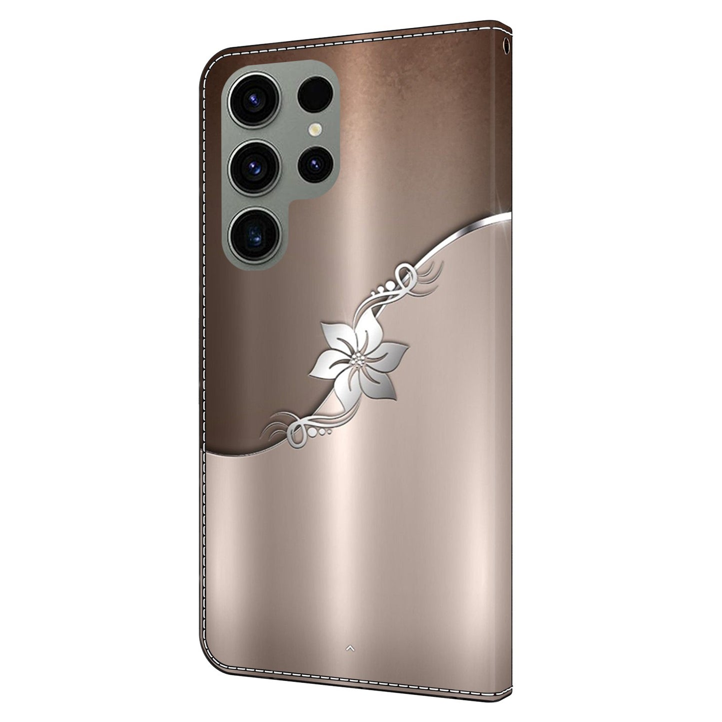 For Samsung Galaxy S24 Ultra Case Anti-fall PU Leather+TPU 3D Pattern Phone Guard Cover - Silver Flower