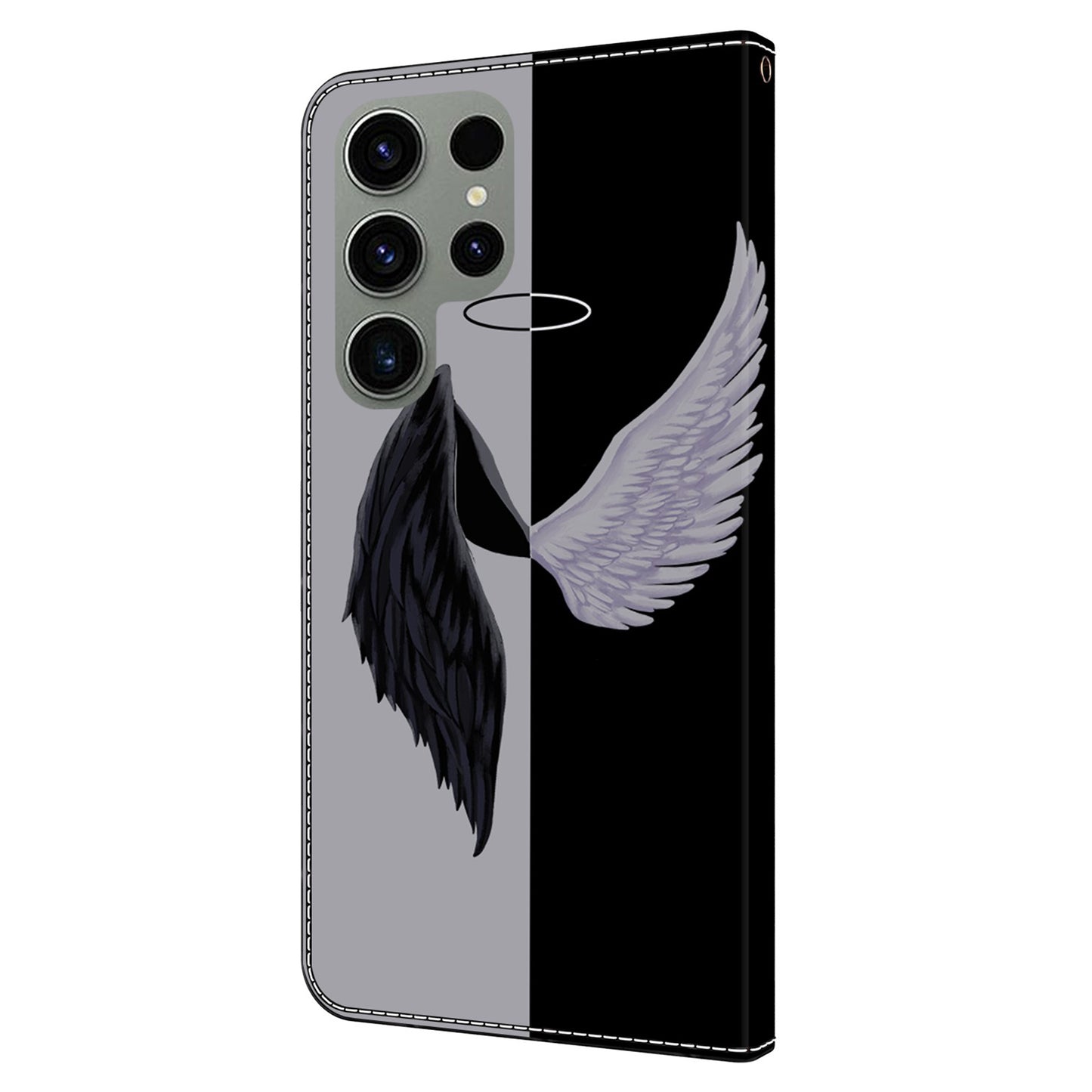 For Samsung Galaxy S24 Ultra Case Anti-fall PU Leather+TPU 3D Pattern Phone Guard Cover - Black / White Wings