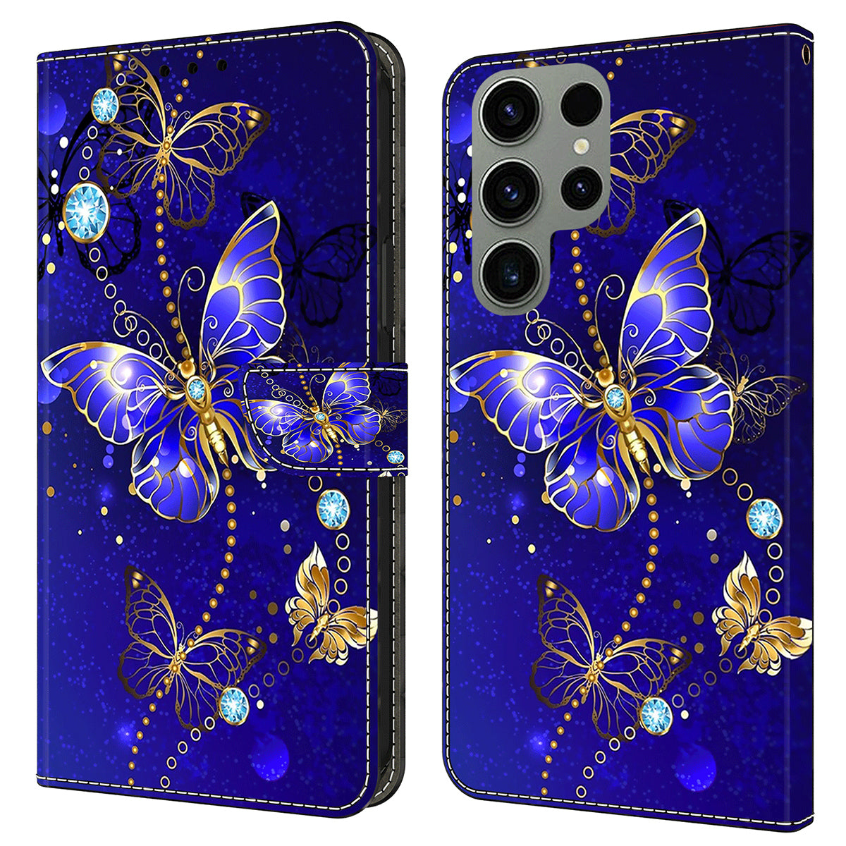 For Samsung Galaxy S24 Ultra Wallet Case PU Leather 3D Pattern Printing Stand Cover - Diamond Butterfly