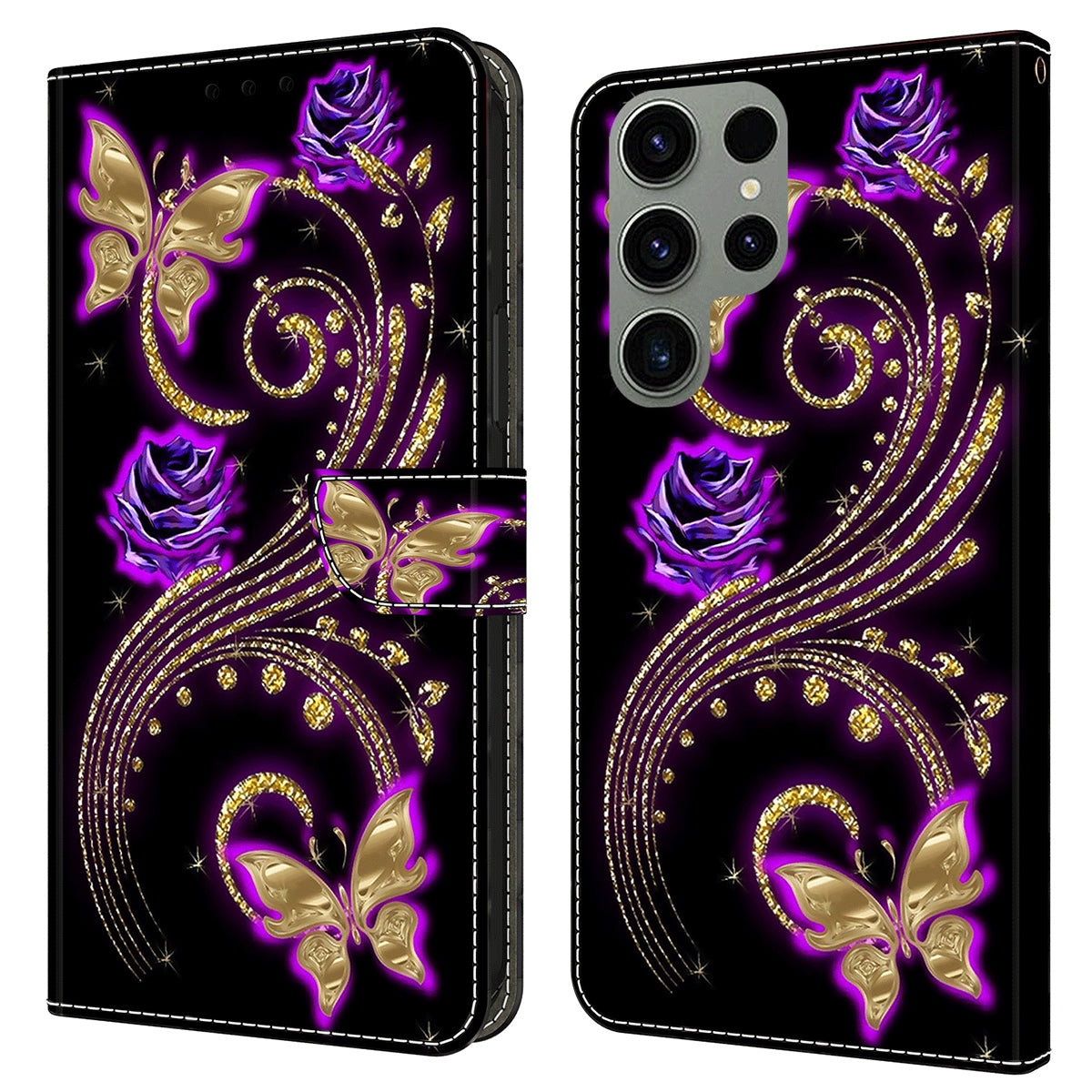 For Samsung Galaxy S24 Ultra Wallet Case PU Leather 3D Pattern Printing Stand Cover - Purple Flowers / Butterflies