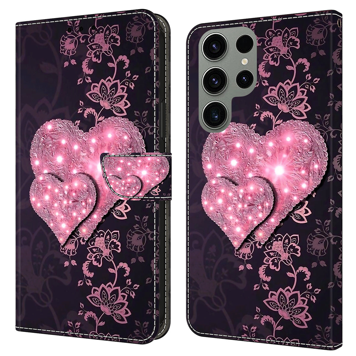 For Samsung Galaxy S24 Ultra Wallet Case PU Leather 3D Pattern Printing Stand Cover - Lace Hearts